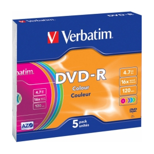 Matricas DVD-R AZO Verbatim 4.7GB 16x Colour, 5 Pack Slim 43557V